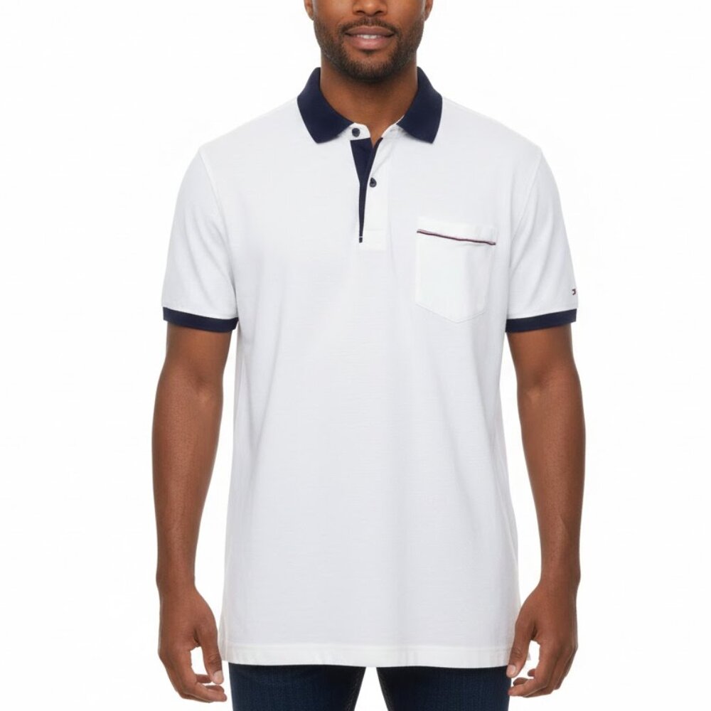 Tommy Hilfiger White Polo Shirt Navy Collar Pocket XL